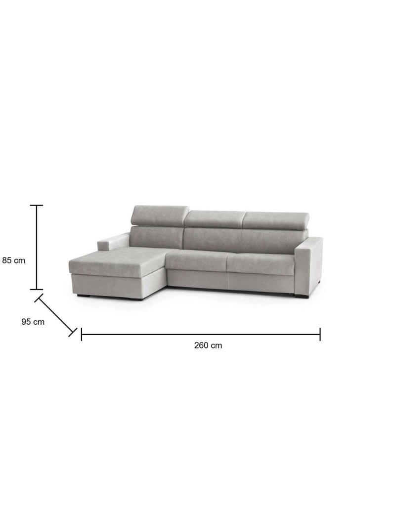 Divano Letto Aloet, Divano ad angolo, Made in Italy, SofÒ  con apertura girevole, con Penisola contenitore Sinistra, con Braccioli slim, cm 260x95h85, Grigio