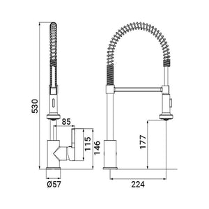 Miscelatore per lavello con bocca alta a molla, provvisto di doccetta a 2 getti con attacco magnetico, serie denver