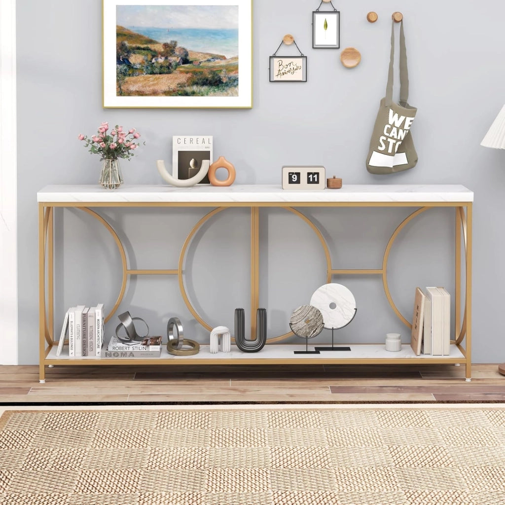 Consolle effetto marmo artificiale, console per mobili, 180 x 30 x 80 cm, 2 livelli, cornice geometrica, piedini regolabili, armadietto corridoio, soggiorno, bianco e oro