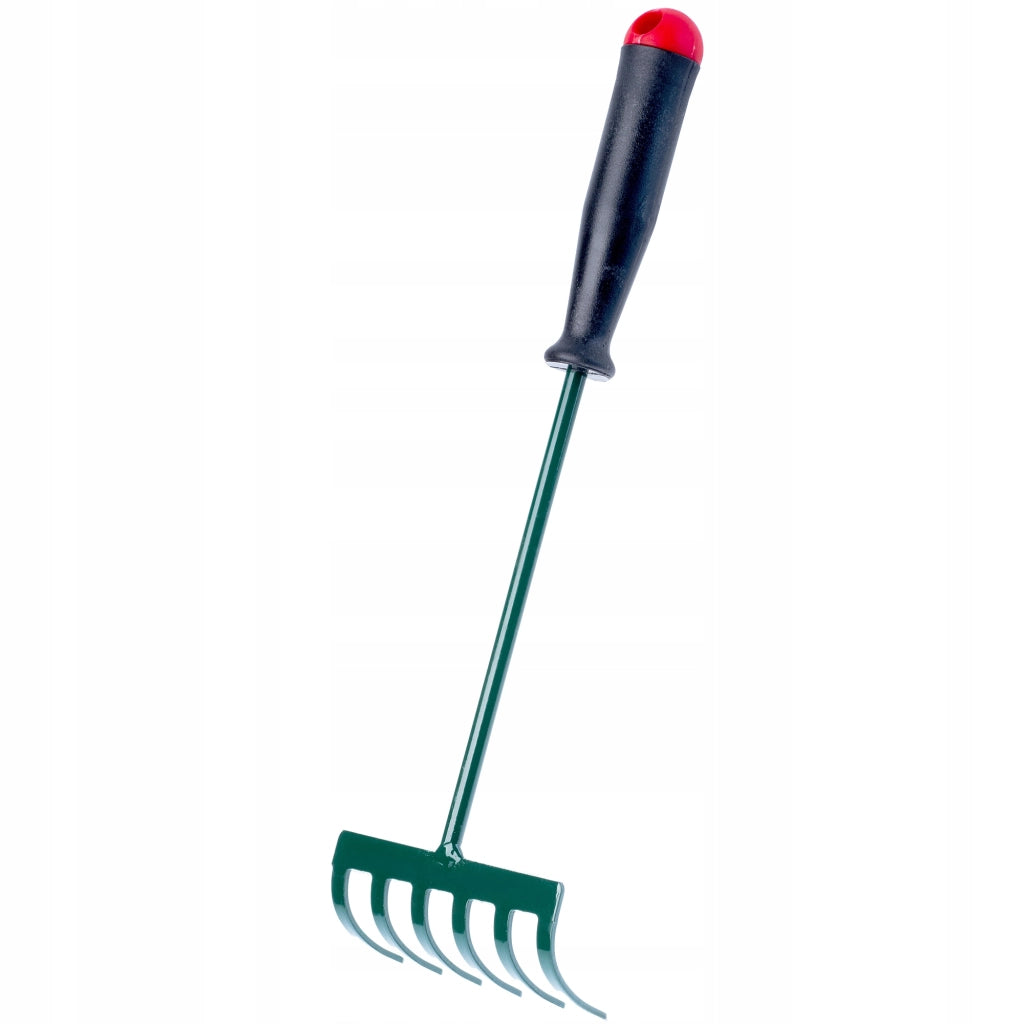 KADAX Piccolo rastrello in metallo per foglie, erba e giardino, 30 cm, 6 denti, manico