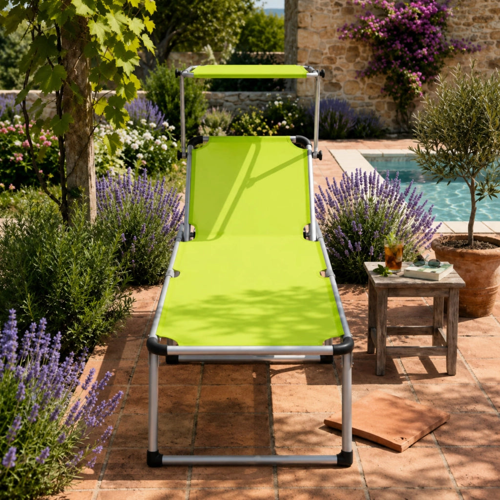 Sedia Sdraio Per Spiaggia Mare Giardino Piscina Lettino Pieghevole Prendisole Con Tettuccio Parasole Schienale Reclinabile Regolabile In 6 Posizioni Struttura In Alluminio 187 X 59 X 29 Cm Verde Fluo