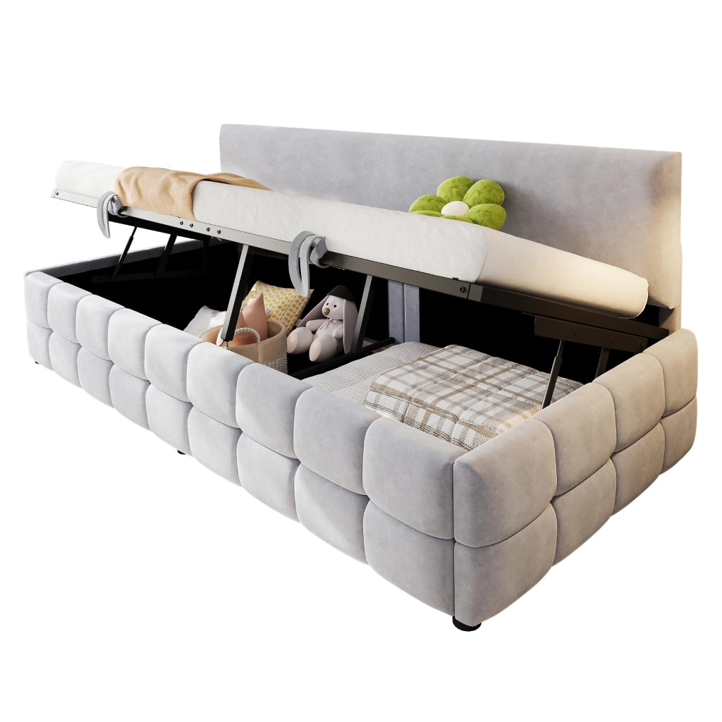 Letto imbottito con vano contenitore idraulico velluto grigio chiaro 90x200 cm