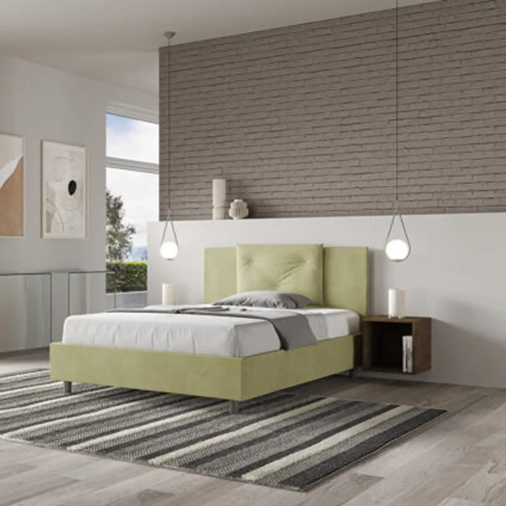 Letto matrimoniale francese con rete imbottito 140x190 microfibra tè verde Appia