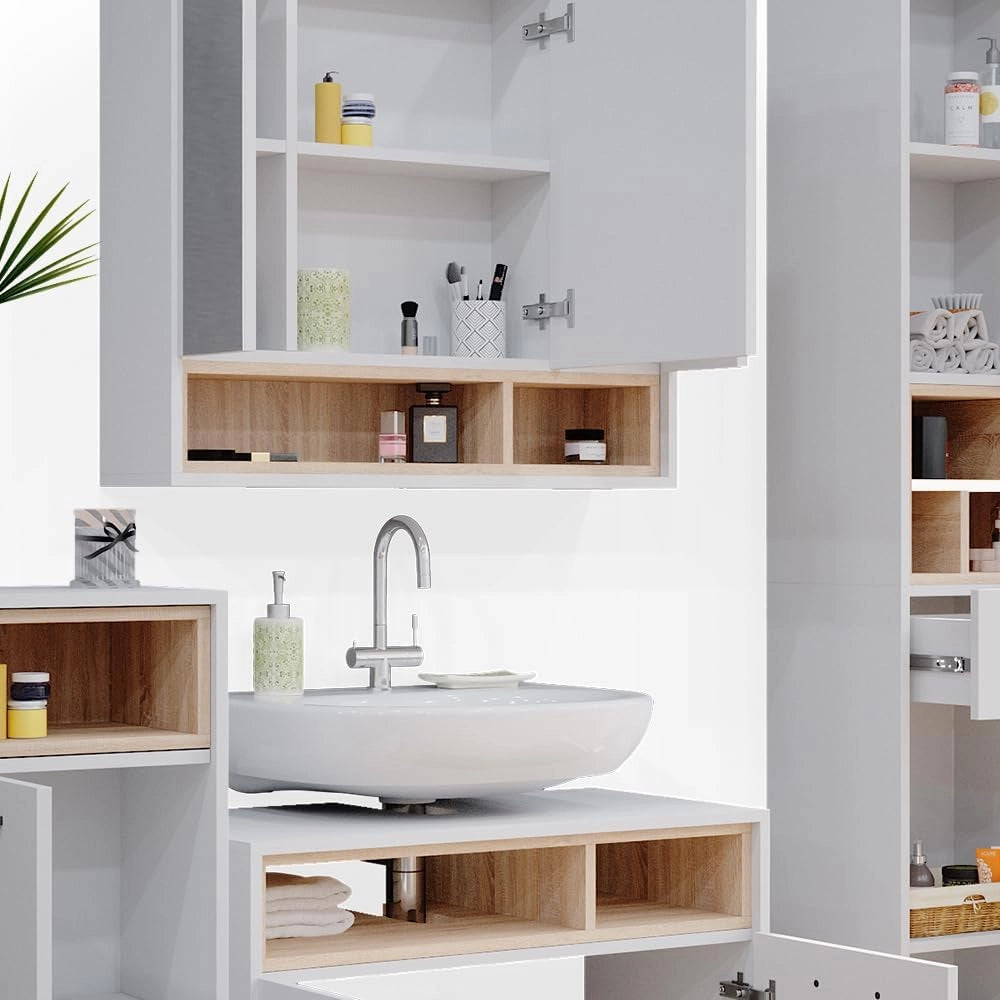 Set mobili bagno Beatrice, Bianco, 80 cm, composto da mobile lavabo, pensile a specchio, colonna e base media