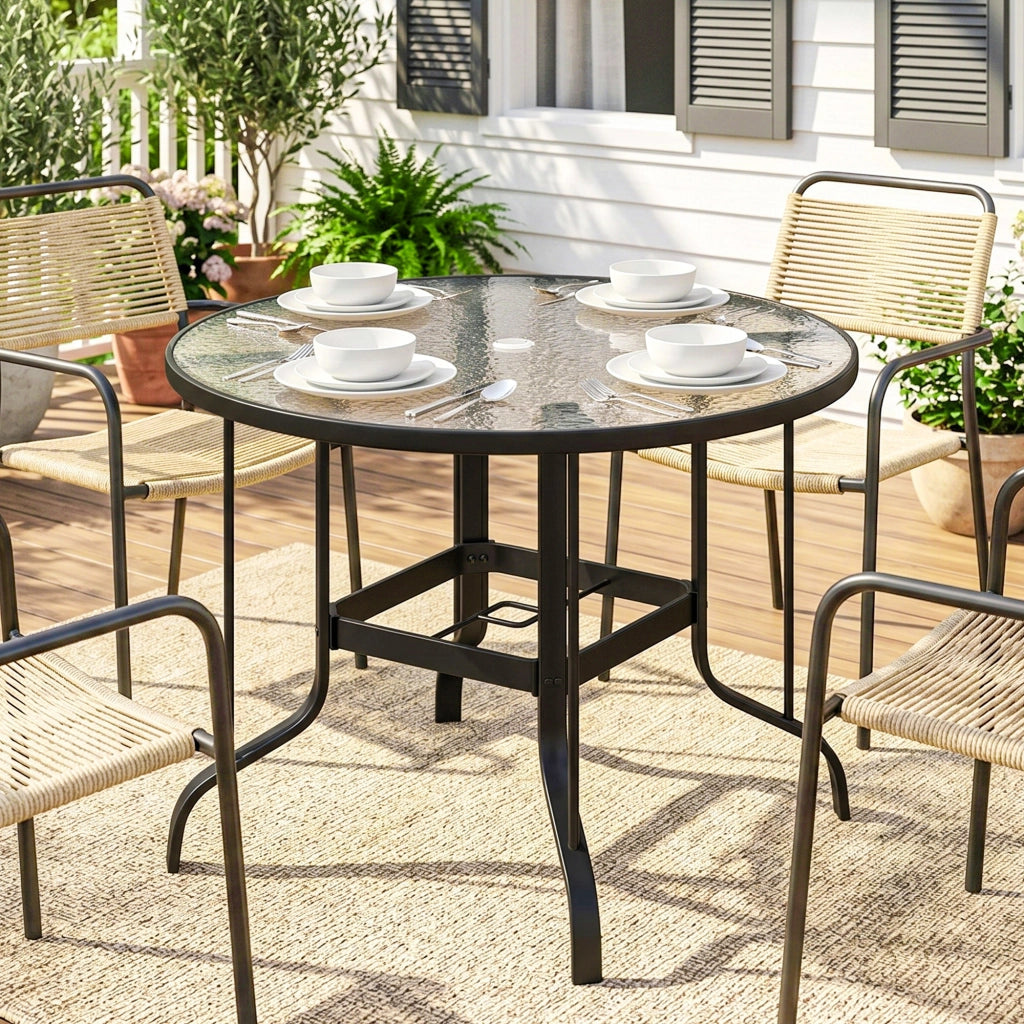 Tavolino da Giardino Rotondo con Foro per Ombrellone, in Metallo e Vetro Temperato, ?96.5x71 cm, Nero