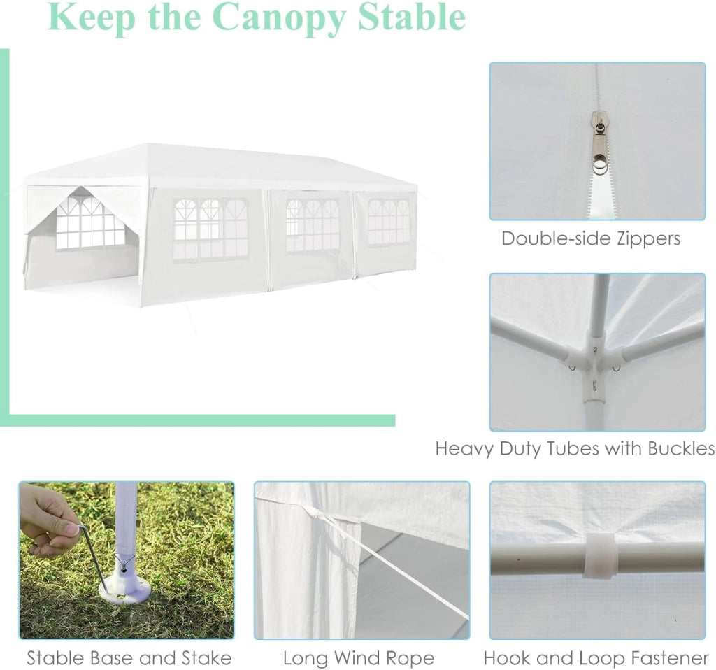 Gazebo da Giardino, 3 x 9 m, con 8 Pareti Laterali, Gazebo Pieghevole in Metallo, Tenda da Birra, con Protezione UV, per Feste, Matrimoni, Bianco