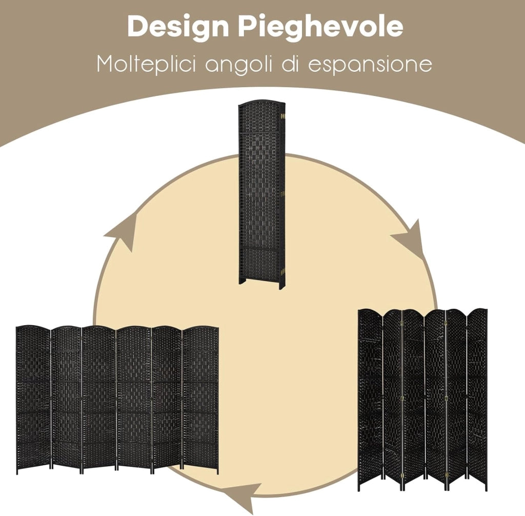 Paravento da Interno ed Esterno 6 Pannelli, Separé Divisorio Pieghevole in Carta Intrecciata a Mano e Cornice in Legno Massello per Camera da Letto, Soggiorno e Ufficio, 273 x 180 cm (Nero)