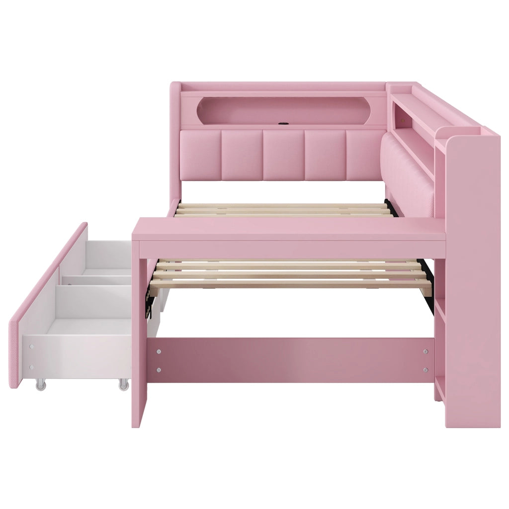 LETTO 90x200 cm imbottito Rosa con USB, LED, scrivania e 2 cassetti