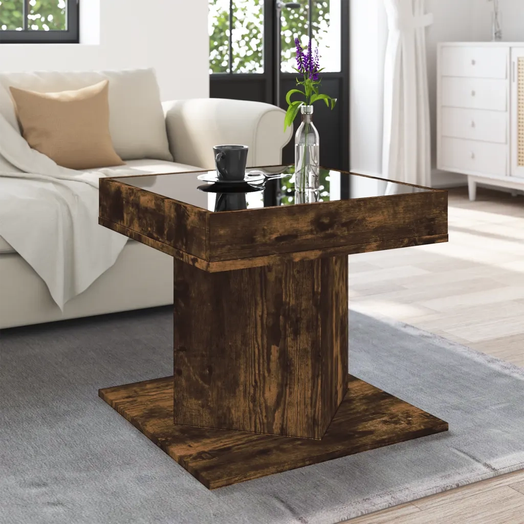 Tavolino Salotto con LED Rovere Fumo 50x50x45 cm Multistrato