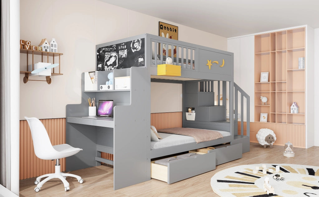 DESMIU Letto a castello bambino 90 × 200 cm 2 posti con cassetti, scala, scrivania e vano, senza materasso, grigio