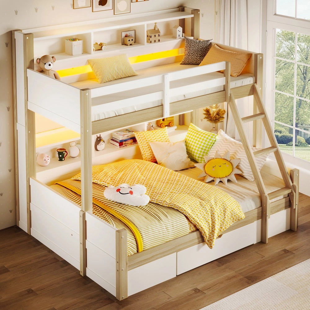 Letto a Castello 90x200 + 140x200 con LED e Cassetto ¨C Xylo ¨C Bianco e Naturale