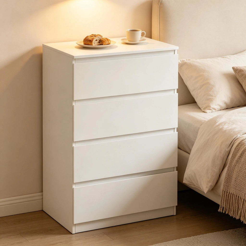 Comò a 4 cassetti in legno con maniglie a scomparsa, mobile contenitore per camera da letto e ingresso bianco 60 × 90 × 40 cm