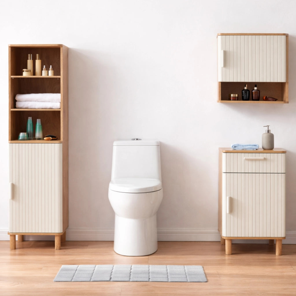 Set da 3 Pezzi per Bagno Ferrersp con Mobile da Terra Pensile da Parete e Mobile a Colonna - Effetto Rovere/Avena Oatmeal [en.casa]