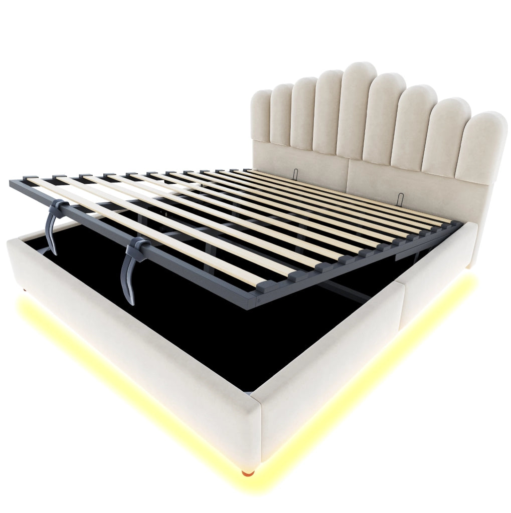 Letto matrimoniale imbottito con contenitore 180x200 cm in velluto beige; con LED e testiera comfort