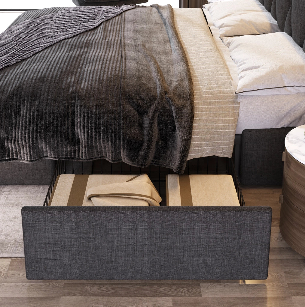 Letto 140x200 cm con 4 cassetti, 2 prese e 2 porte USB, rivestito in lino grigio