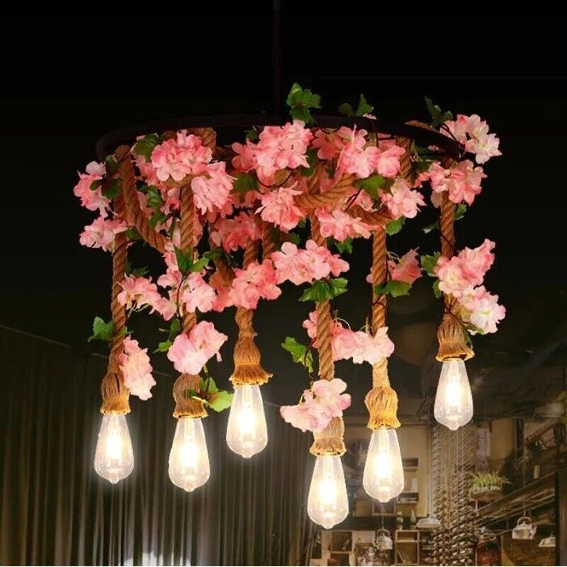 Lampadario a sospensione soffitto stile rustico country 6 corde canapa e Ferro
