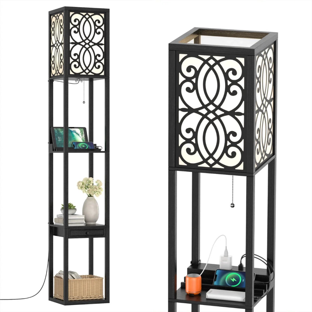 Lampada da terra moderna con 3 ripiani e cassetto 26 x 26 x 160 cm stazione di ricarica integrata atmosfera accogliente MDF nero 20_0019482