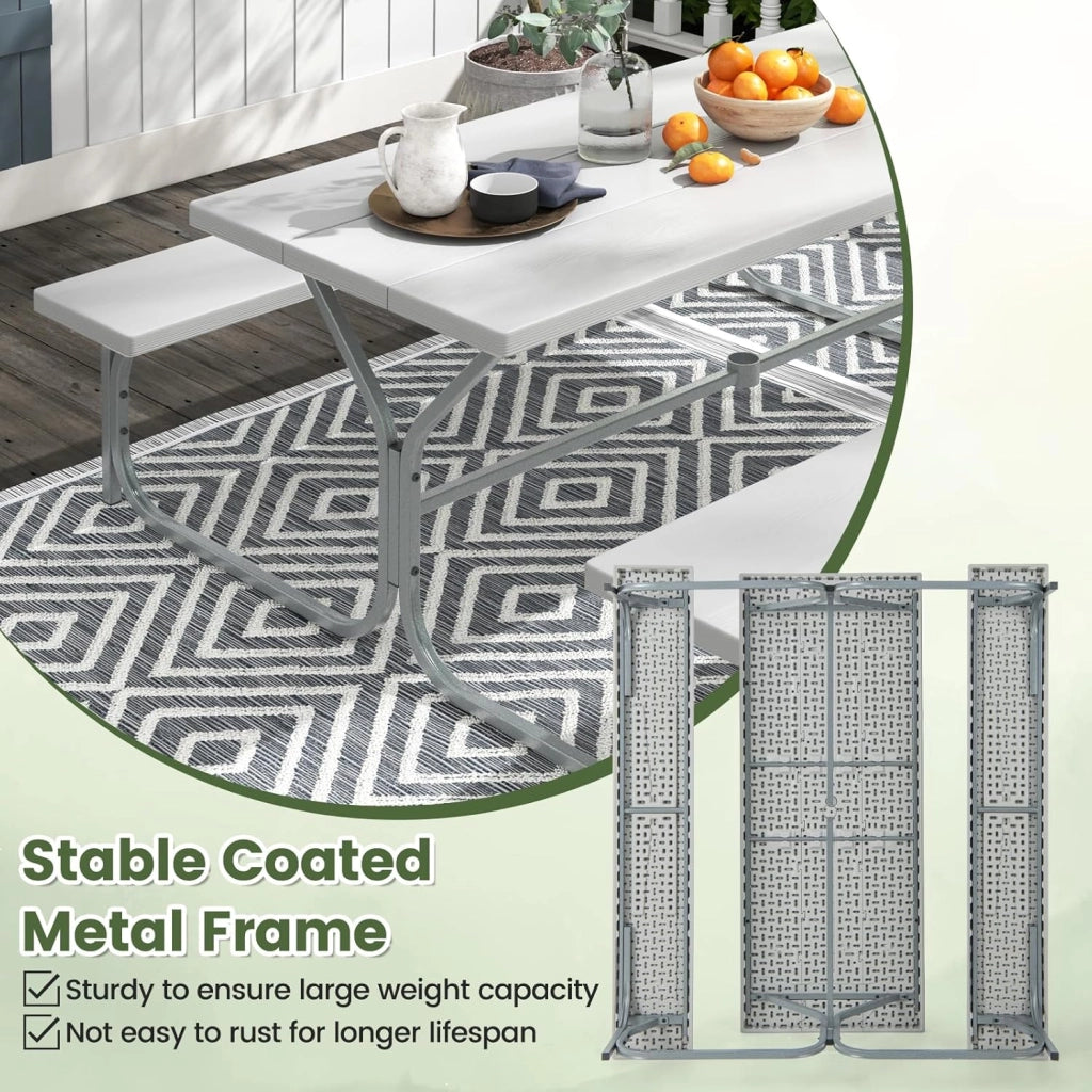 Set Tavolo da Picnic con Panche per 8 Persone, Tavolo da Campeggio con Foro per Ombrellone, Telaio in Metallo, Tavolino da Picnic Rettangolare con Sedute per Patio (Grigio)