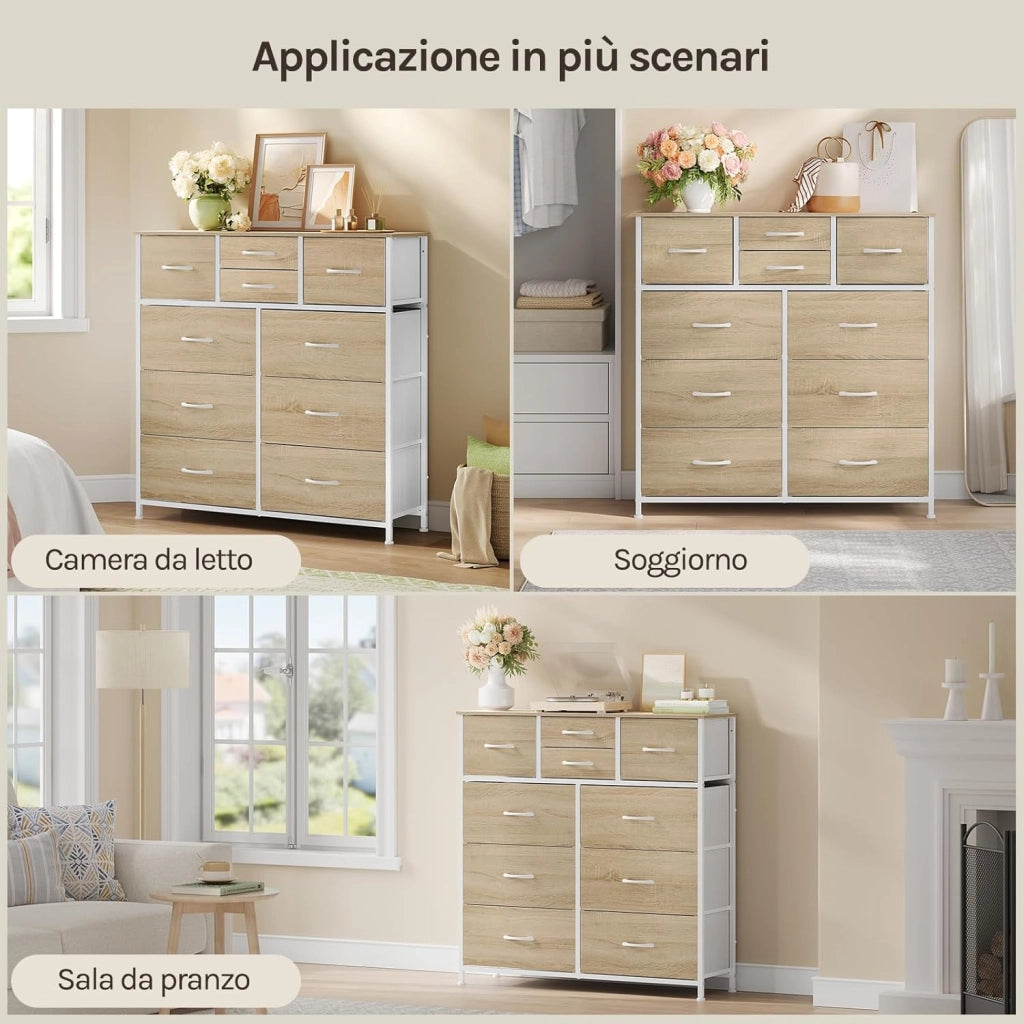 Cassettiera, 10 Cassetti di 3 Dimensioni per Camera da Letto/Corridoio/Soggiorno, Cassettiera in Tessuto, Rovere Chiaro+Bianco, Struttura in Metallo, Legno Lngegnerizzato E1