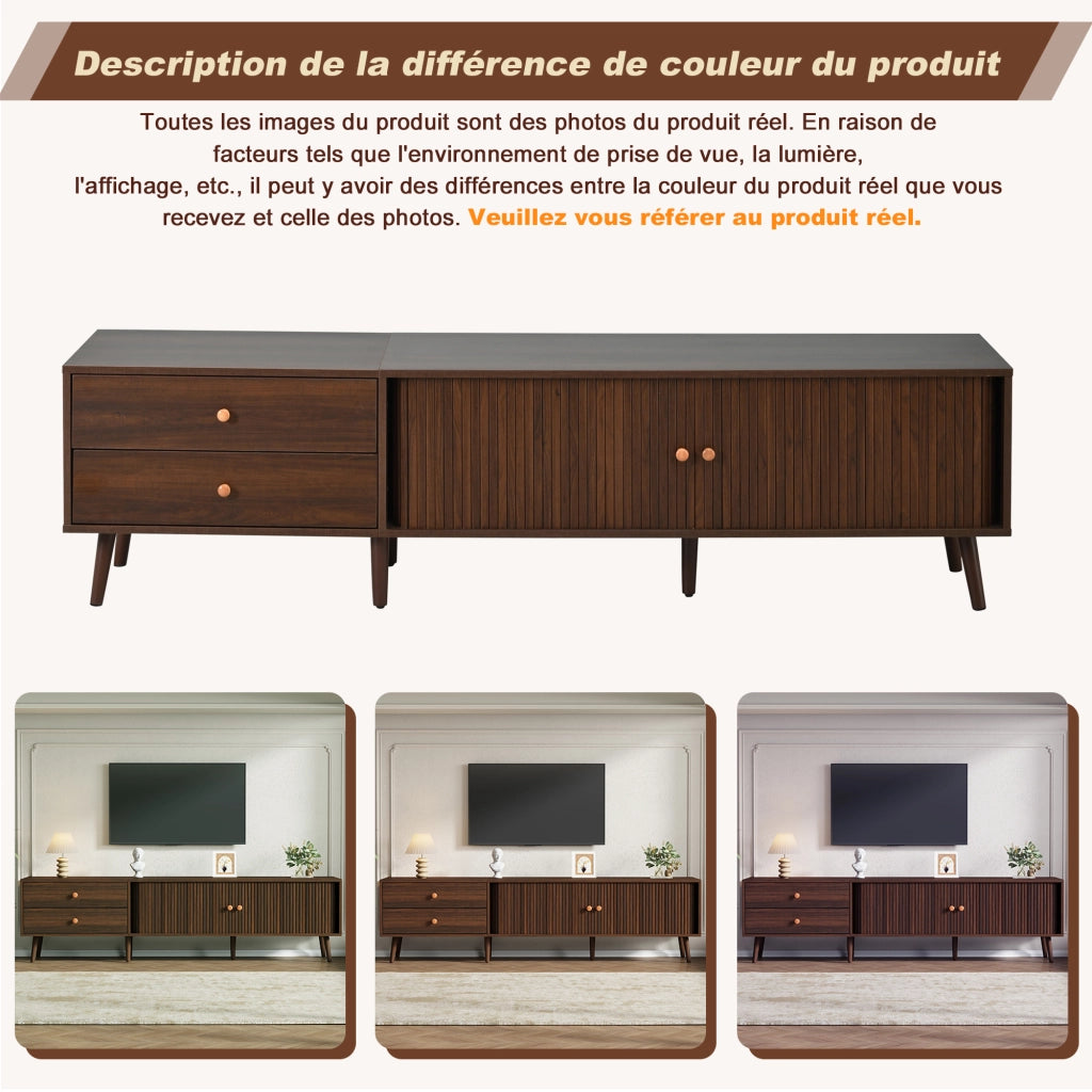 Mobile porta TV con 2 cassetti, 2 ante scorrevoli e 8 piedi, per soggiorno, in MDF, noce, 180 × 40 × 46,5 cm