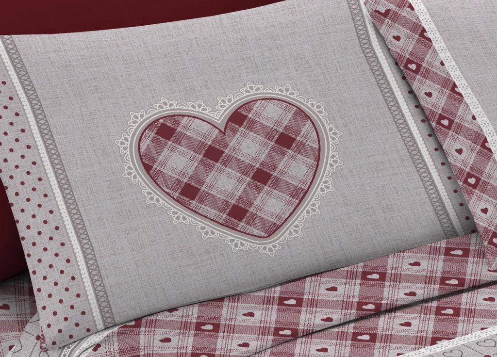 Completo Lenzuola Flanella Pensieri Delicati 100% Cotone Disegno Chalet - Matrimoniale - Rosso