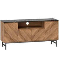 Mobile TV in legno con vano aperto e passacavi, effetto marmo, 140x39x66cm, Marrone