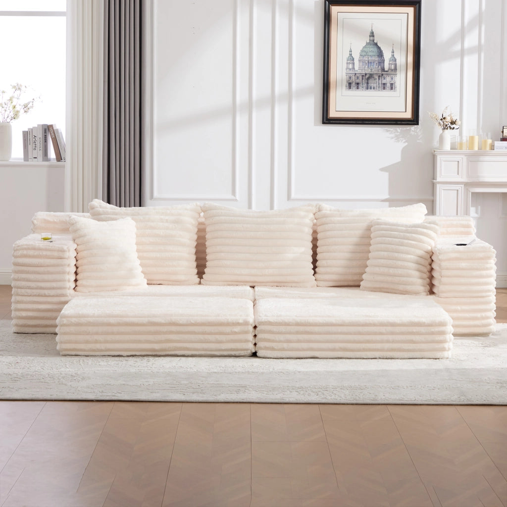 Divano letto con schienale alto tasche laterali e portabicchieri cuscini trasformabile in velluto a coste beige