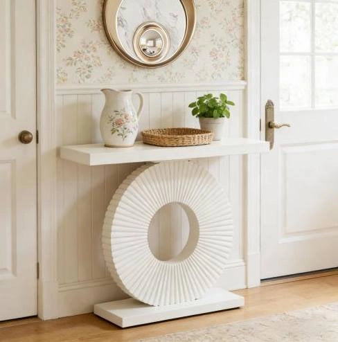 Tavolo consolle in MDF e metallo con struttura geometrica; bianco