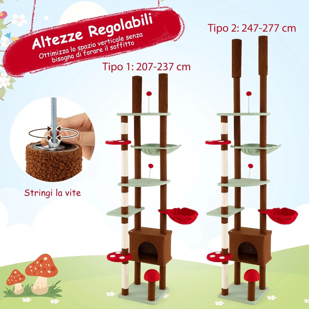 Albero per Gatti da Pavimento a Soffitto, Tiragraffi per Gatti a Forma di Fungo con Altezza Regolabile, Condo, Amaca, Cestino Sospeso Ruotabile, Tiragraffi in Sisal e 2 Palline a Molla