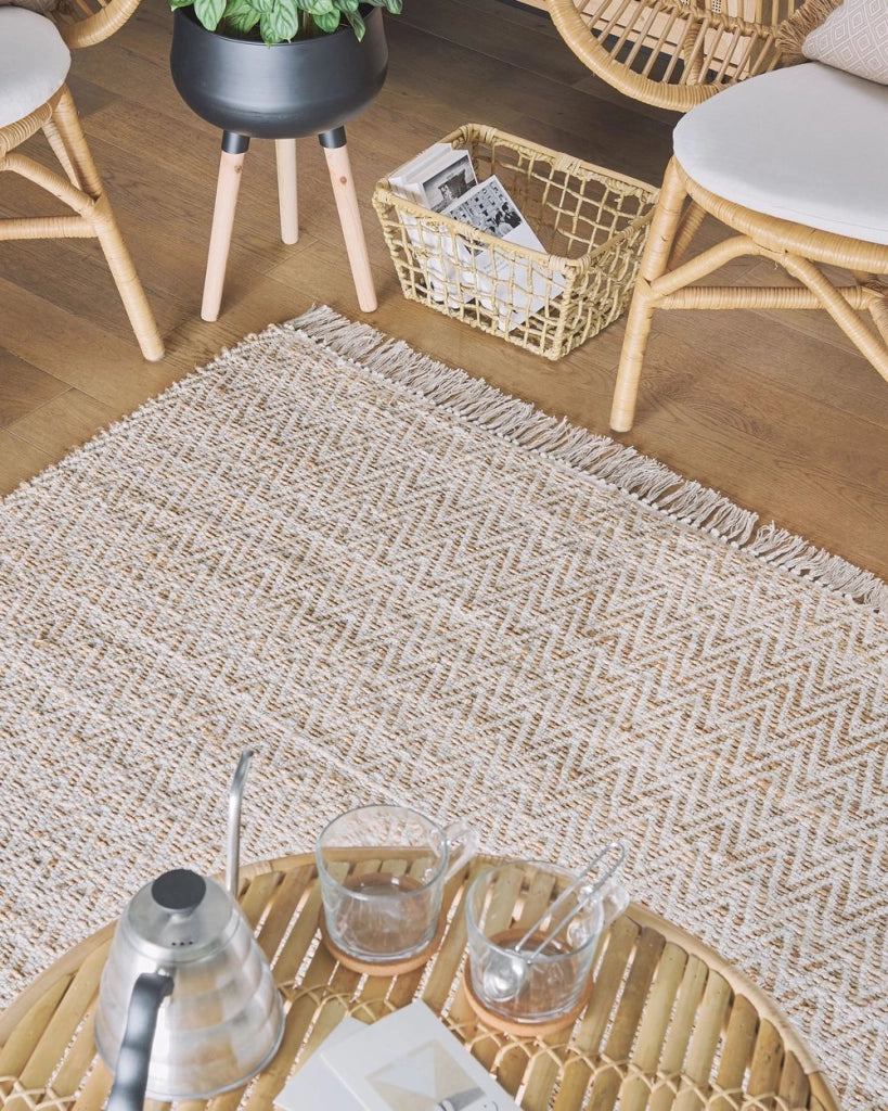 Tappeto in juta beige e cotone 140 x 200 cm intrecciato a mano con frange Boho soggiorno camera da letto
