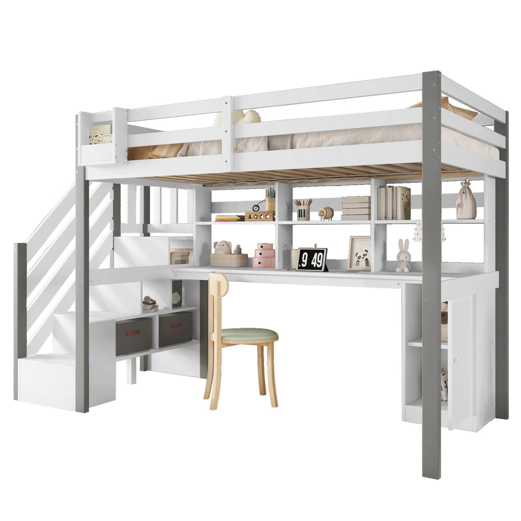 LETTO a soppalco con scrivania e scaffale, 90 x 200 cm, bianco/grigio