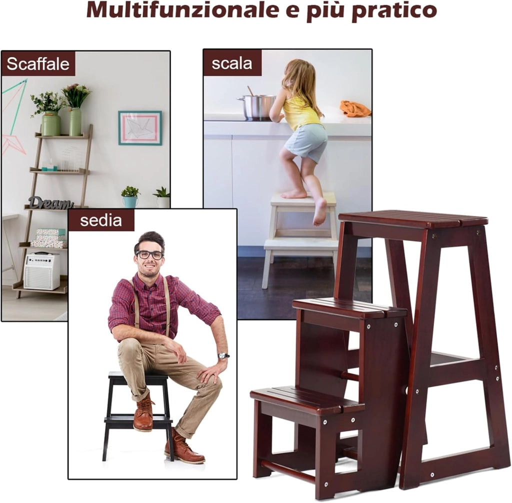 Sgabello Scaletta 3 Gradini in Legno di Pino, Sgabello Scala Pieghevole Salvaspazio, Scaletta 3 Gradini a Ribalta, Capacità Portante 150 kg, 57 x 38,5 x 66cm (Noce Scuro)