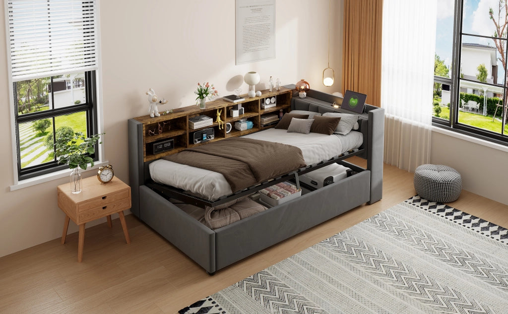 DESMIU Letto adulto 90 × 200 cm con contenitore idraulico, USB, Type-C, luce, ripiani, senza materasso, grigio