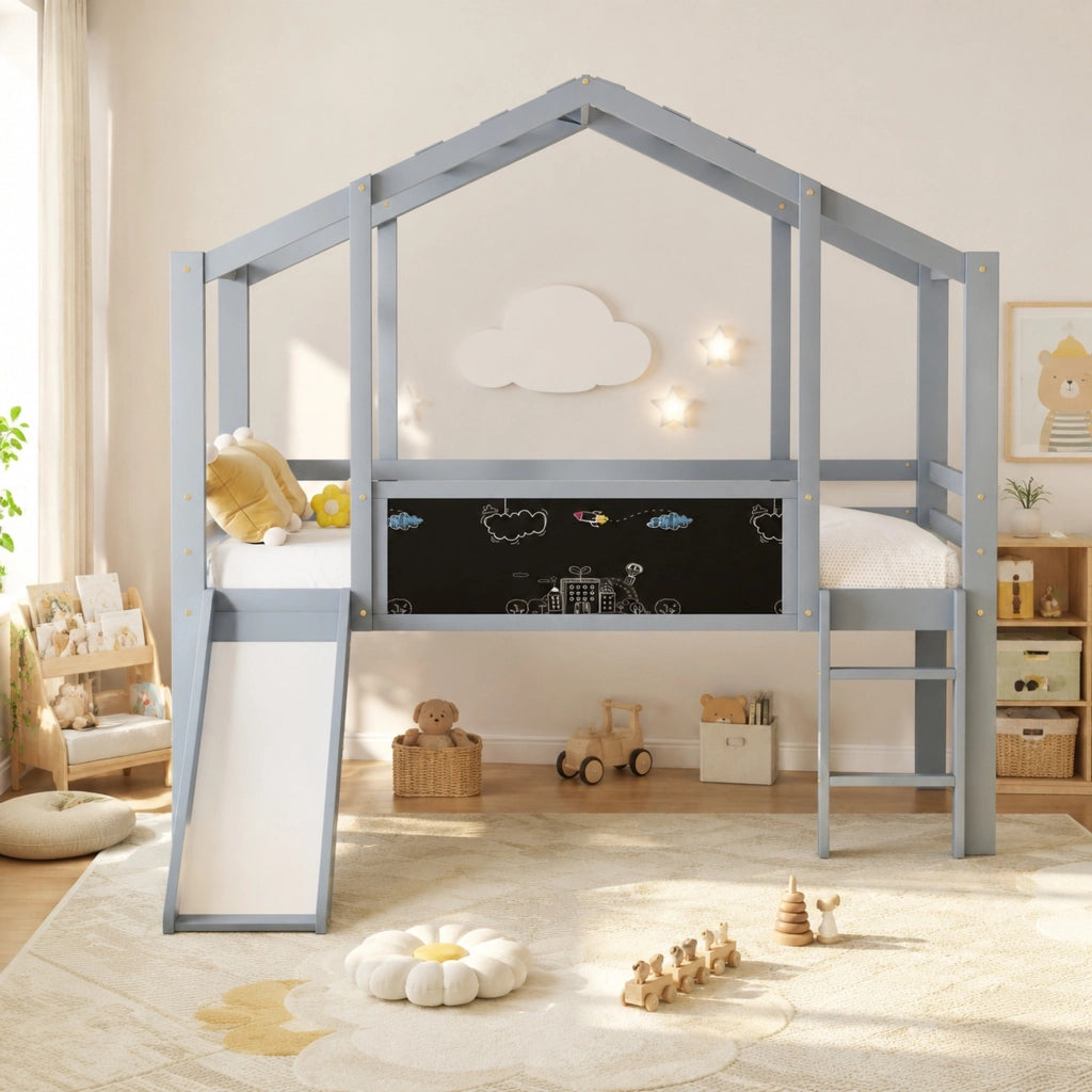 Letto a soppalco per bambini 90x200 cm con scivolo grigio