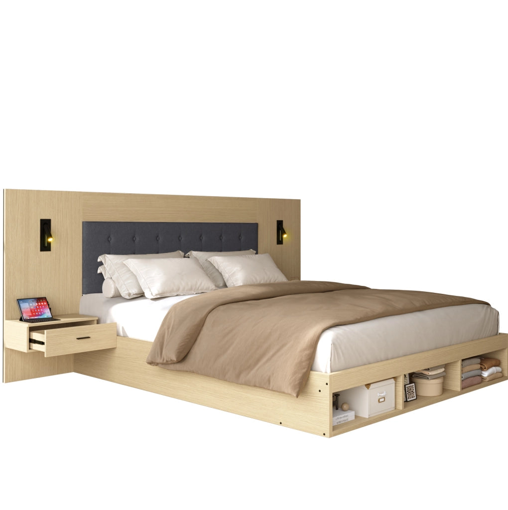 Letto matrimoniale 180x200 cm con contenitore; prese USB e Type-C; luci orientabili; rovere chiaro