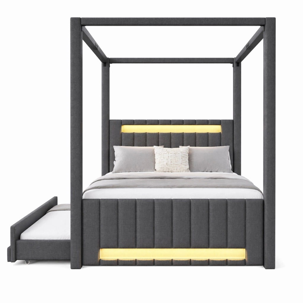 Letto a baldacchino imbottito 140x200 cm con letto estraibile; 3 cassetti e LED; grigio