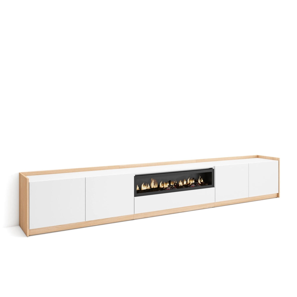 Mobile TV Soggiorno, 310x50x37 cm, Per TV fino a 80", Camino elettrico, Bianco e Rovere soft