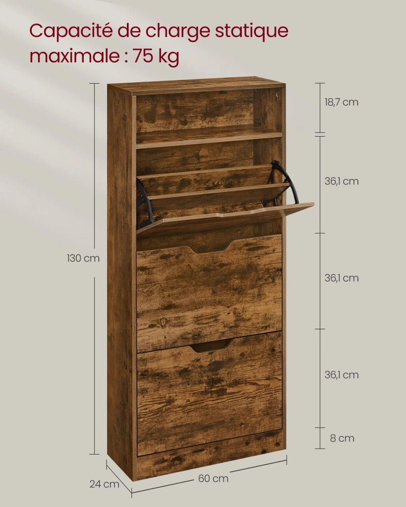 Scarpiera con 3 ante a battente ripiano per scarpe scomparto aperto divisorio regolabile da 14 a 18 paia per ingresso piccolo 24 x 60 x 130 cm marrone 12_0006360