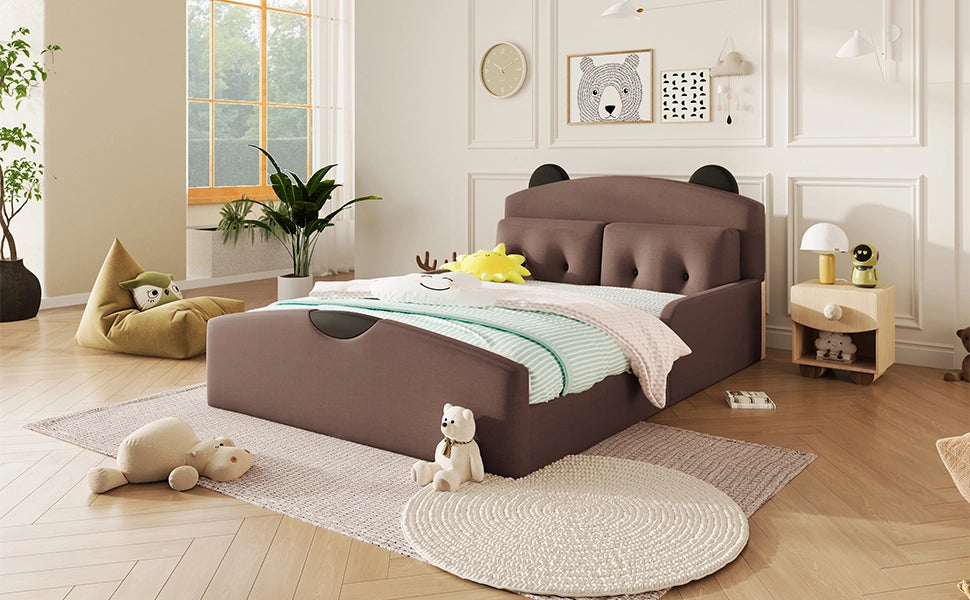 Letto per bambini 140 × 200 cm con testiera imbottita a forma di orso e 2 cuscini, senza materasso, in lino, caffè
