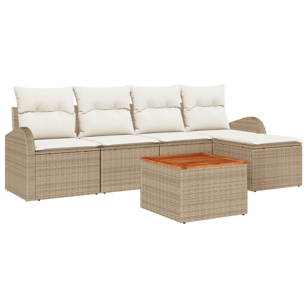 Set di Divano da Giardino 6 Pezzi con Cuscini Beige Polyrattan Acacia