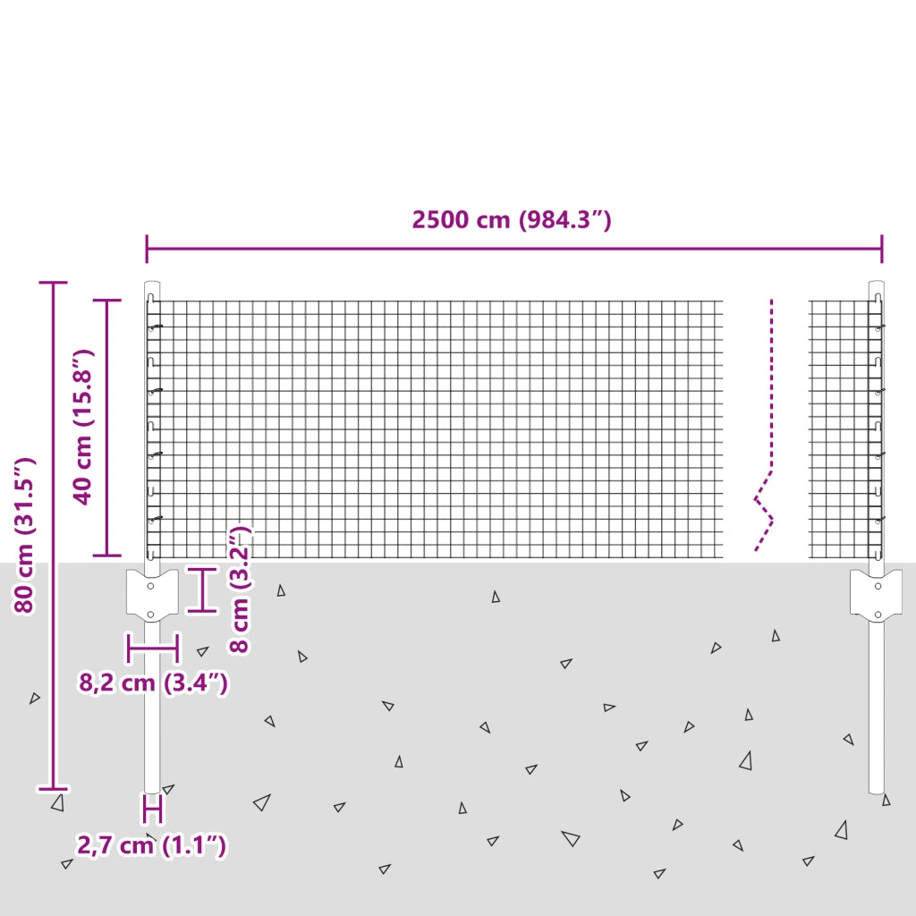 Recinzione in rete saldata con 11 posti a U Argento 0.4x25 m Acciaio