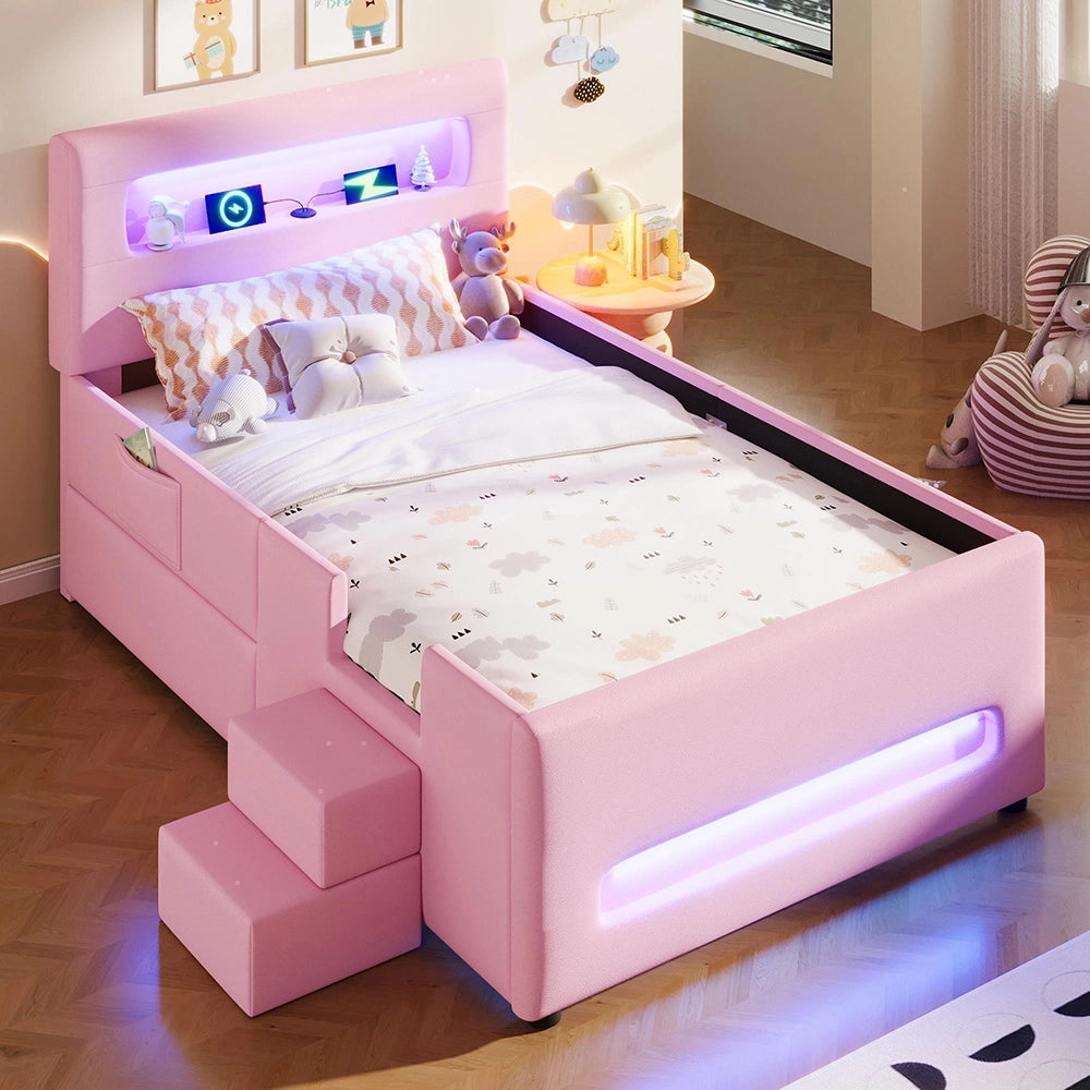 Letto imbottito 90x200cm?- Xylo - scala LED 2 cassetti rosa