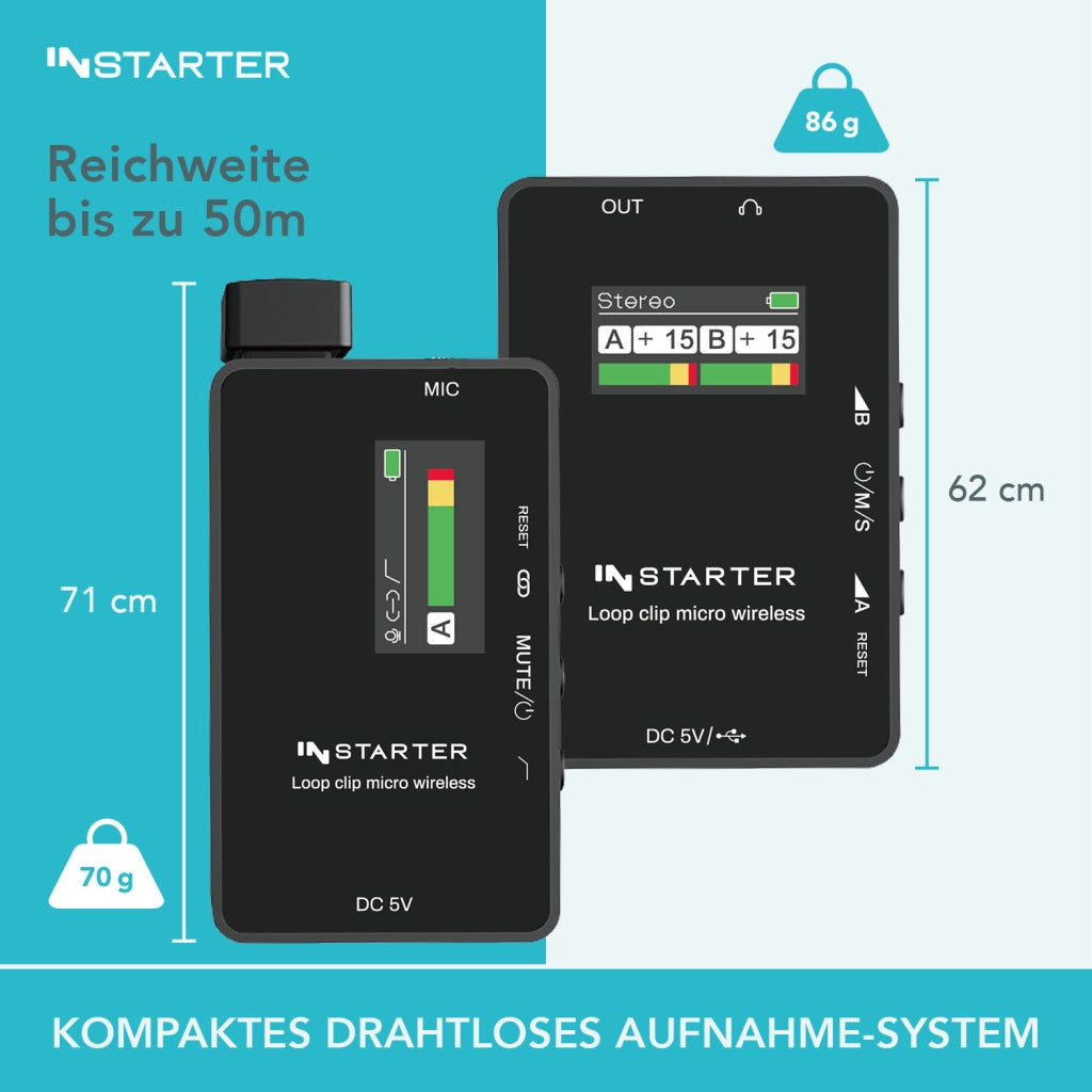 Sistema lavalier wireless Instarter con microfono integrato, 1 trasmettitore e 1 ricevitore, portata 50 m, connessione USB-C e batteria 6 h, ideale per registrazioni con telefono, tablet e PC