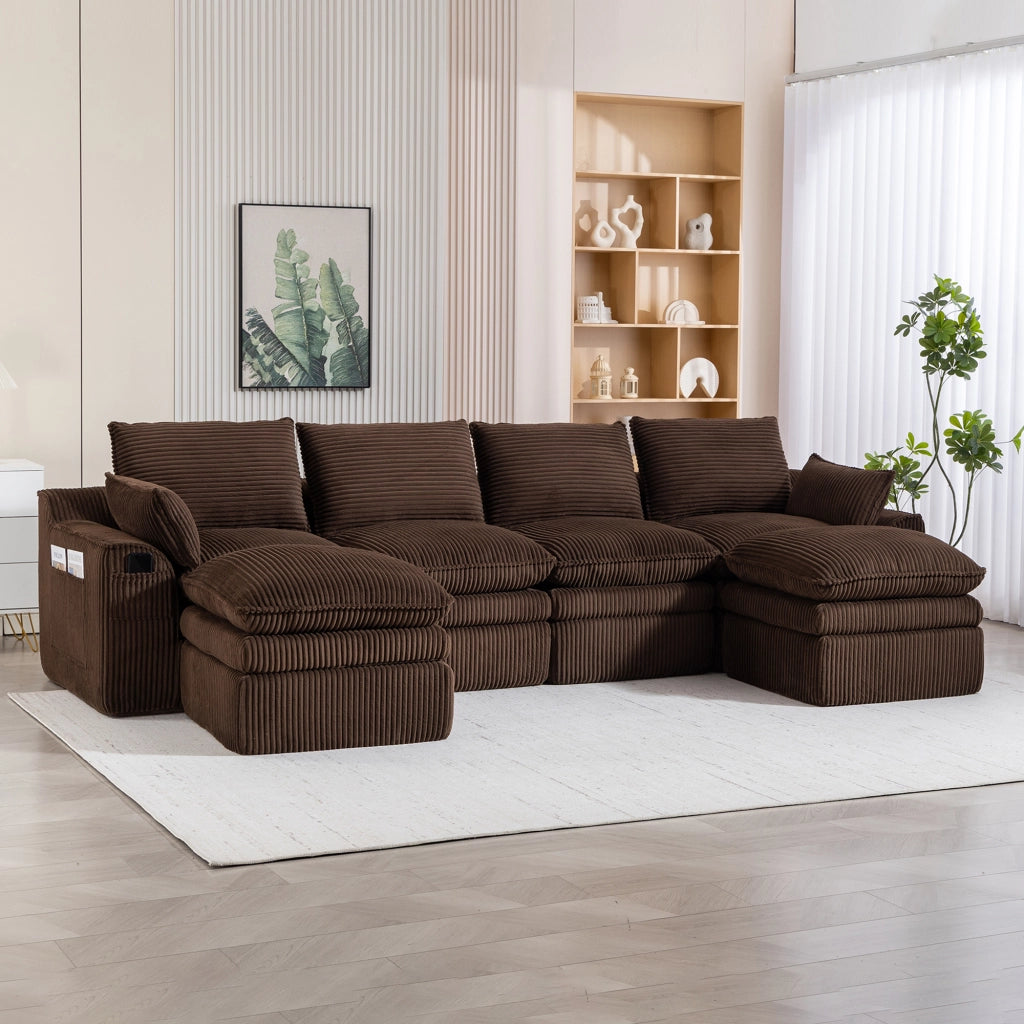 Divano modulare a 4 posti con 2 pouf in corduroy marrone con tasche laterali e cuscini 85 × 335 × 167 cm