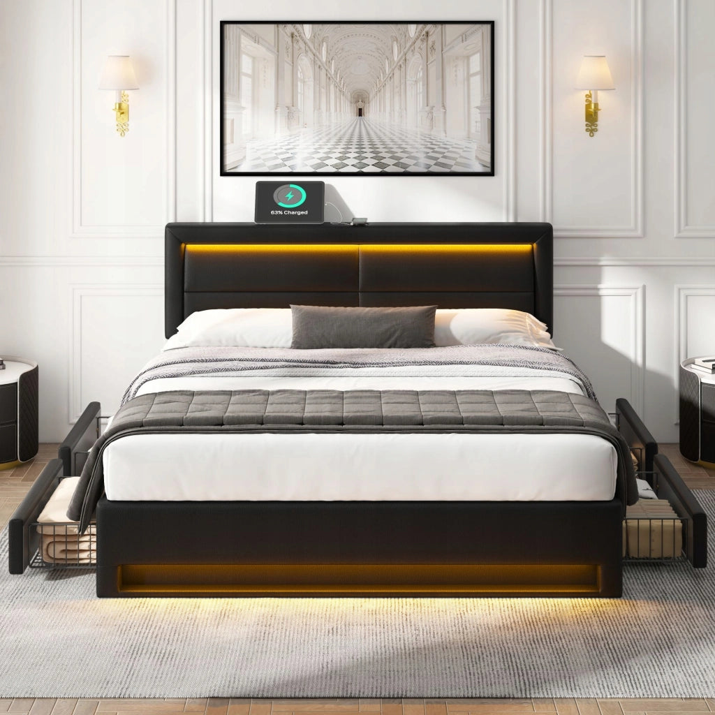 Letto imbottito 140x200 nero - Xylo - USB e LED