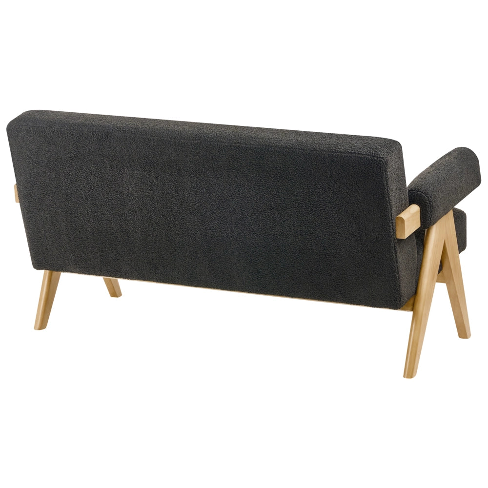 Divano a 2 posti Rivestimento in bouclé nero e marrone chiaro Design retrò Gambe in legno Soggiorno