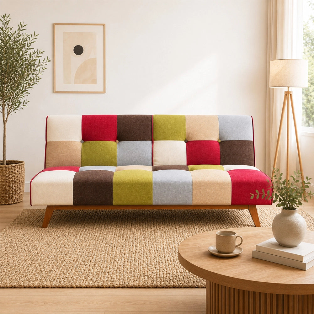 Divano Letto in Tessuto Patchwork Imbottito Gambe in Legno Schienale Reclinabile