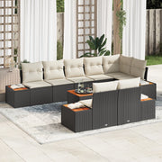 Set di divano da giardino 9 pezzi con cuscini neri in polirattan e acacia