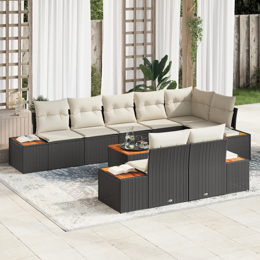 Set di divano da giardino 9 pezzi con cuscini neri in polirattan e acacia