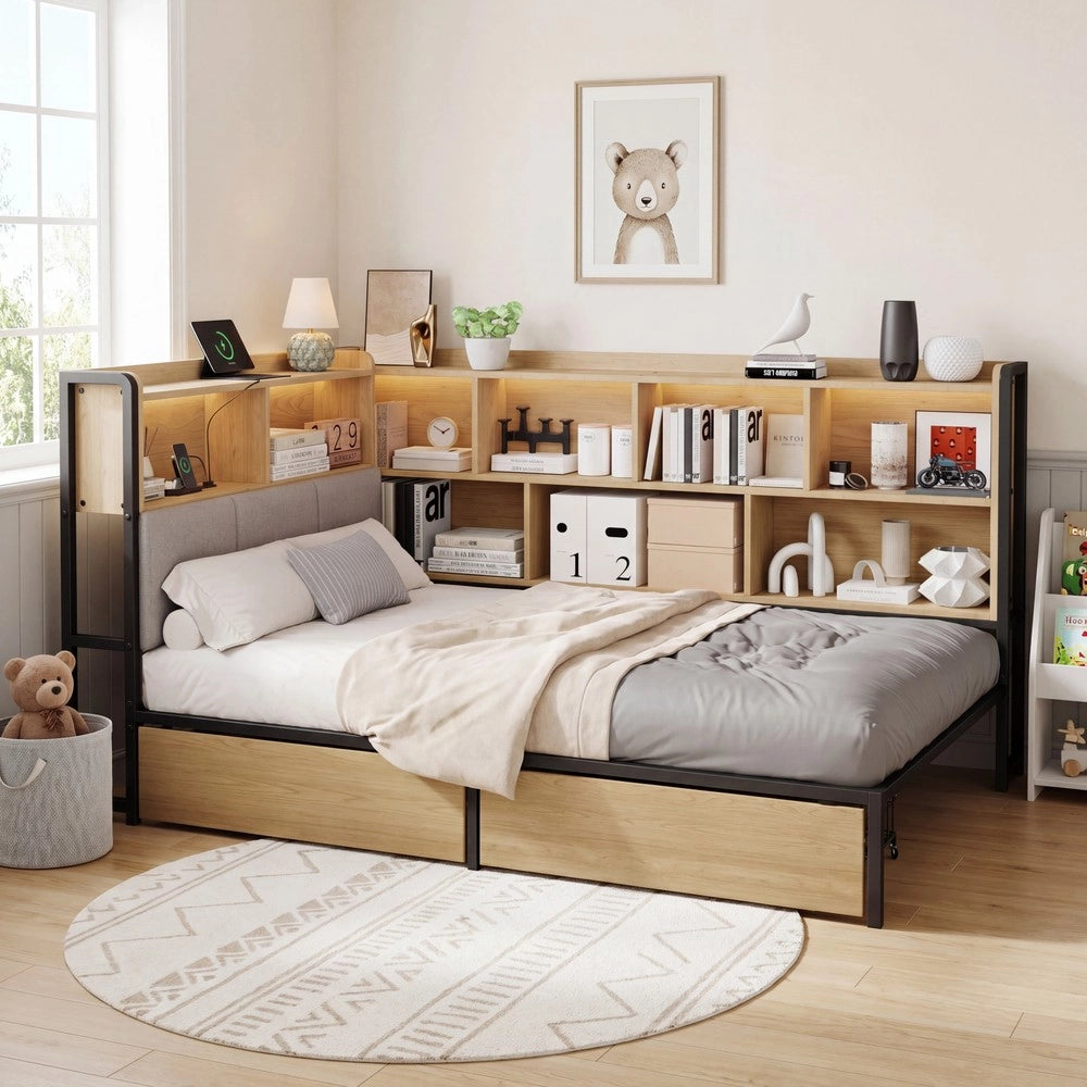 Letto Imbottito con LED e Cassetti ¨C Xylo ¨C 90x200, Metallo, Naturale